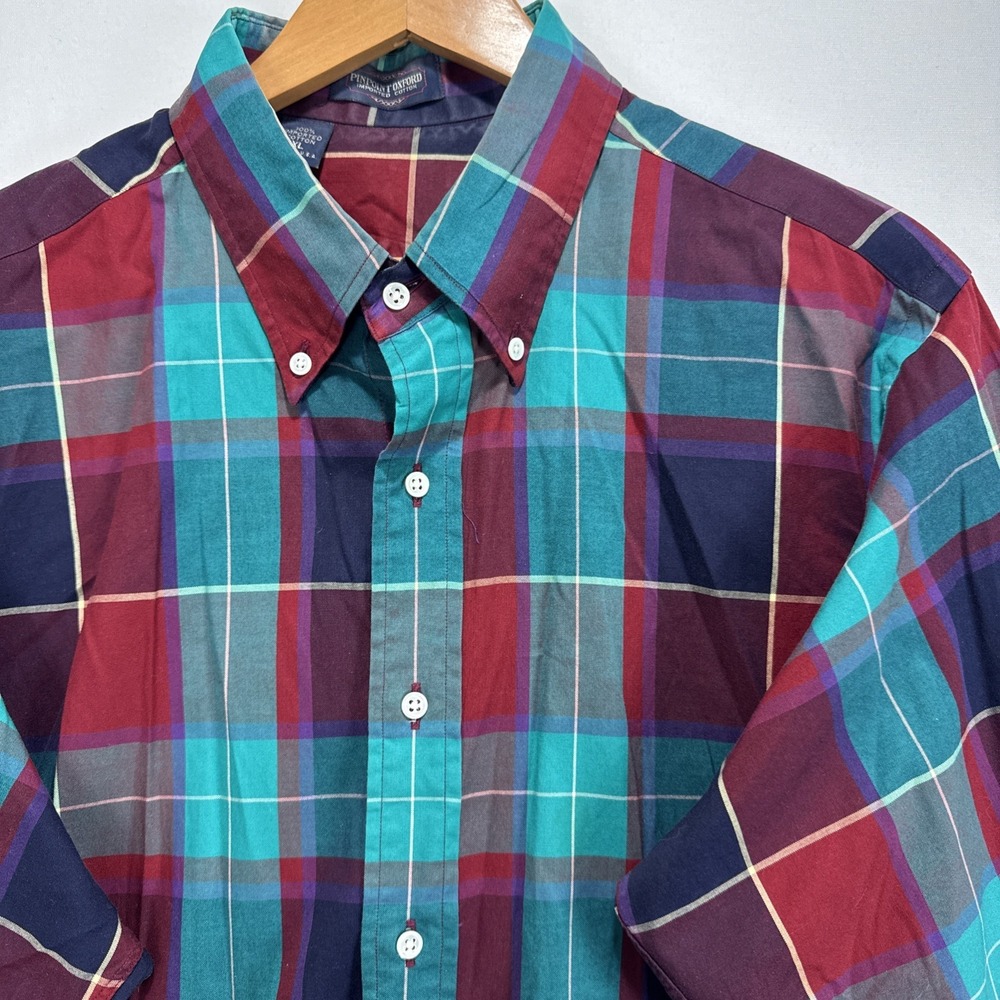 VTG Pinpoint Oxford Plaid Button Down Mens XL Teal Burgundy‎ Cotton Made in USA